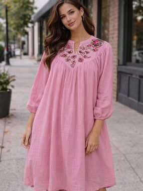 Pink Long-Sleeve Embroidered Peasant Dress